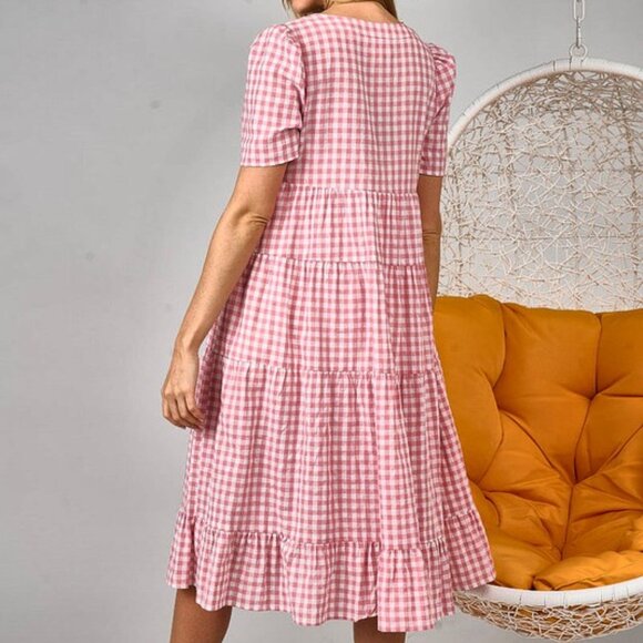 Women's Checkered V-Neck Tiered Midi Dress - Picture 5 of 5